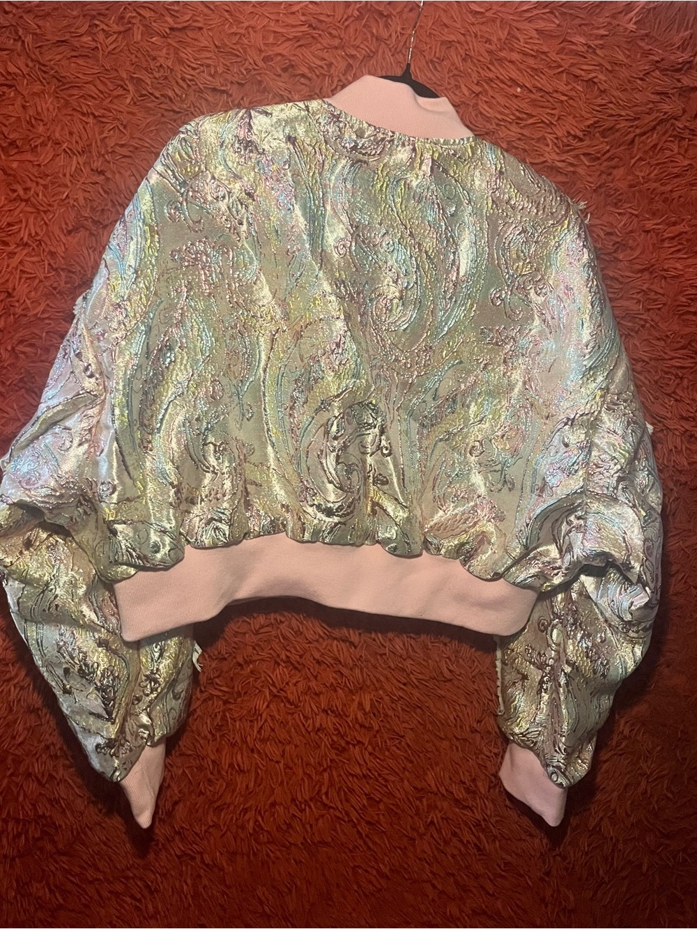 Akira Trendy Iridescent Paisley Bomber Jacket in Pink Trim Size Medium NWT - Picture 3 of 3